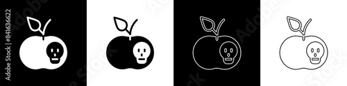 Set Poison apple icon isolated on black and white background. Poisoned witch apple. Vector