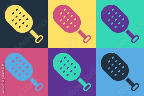 Pop art Sauna brush icon isolated on color background. Wooden brush with coarse bristles for washing in the bath. Anti cellulite massage. Vector