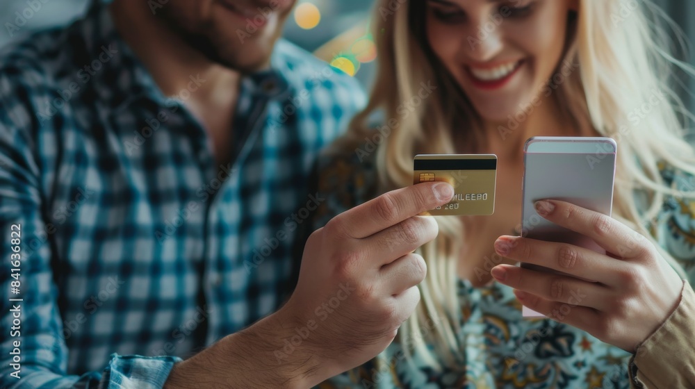 Fototapeta premium In todays digital age, a happy couple enjoying the convenience of online shopping, using credit cards and smartphones for secure transactions, reflects modern consumerism and lifestyle