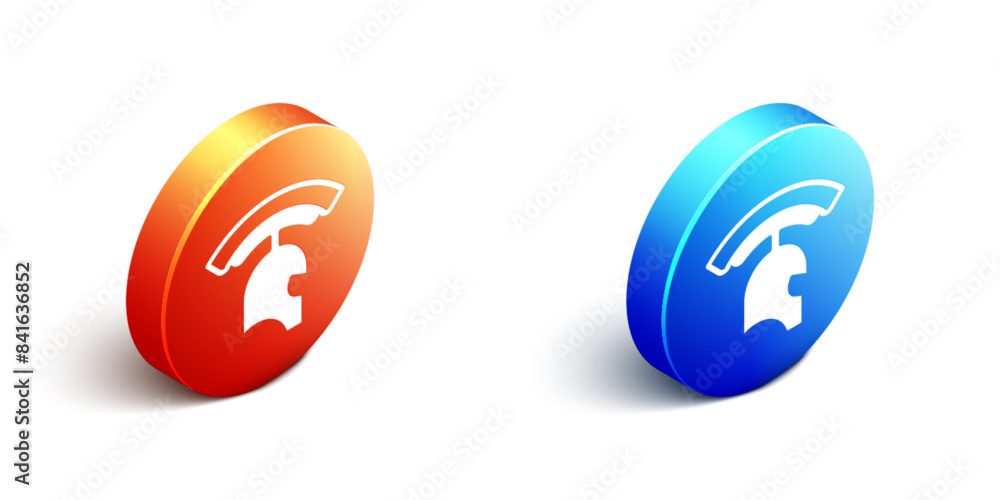 Obraz premium Isometric Roman army helmet icon isolated on white background. Orange and blue circle button. Vector