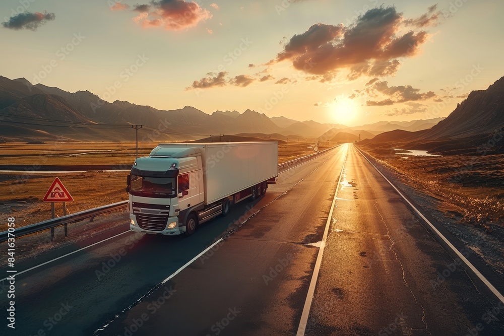 A truck is driving down a highway at night A truck is driving down a highway at night