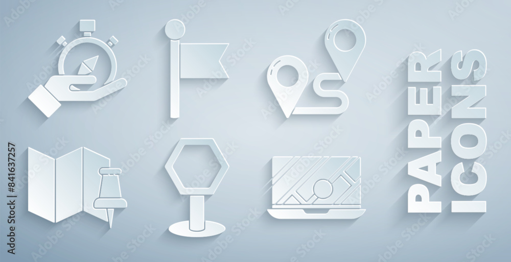 Set Road traffic sign, Route location, Folded map with push pin, City navigation, Location marker and Compass icon. Vector Set Road traffic sign, Route location, Folded map with push pin, City navigation, Location marker and Compass icon. Vector