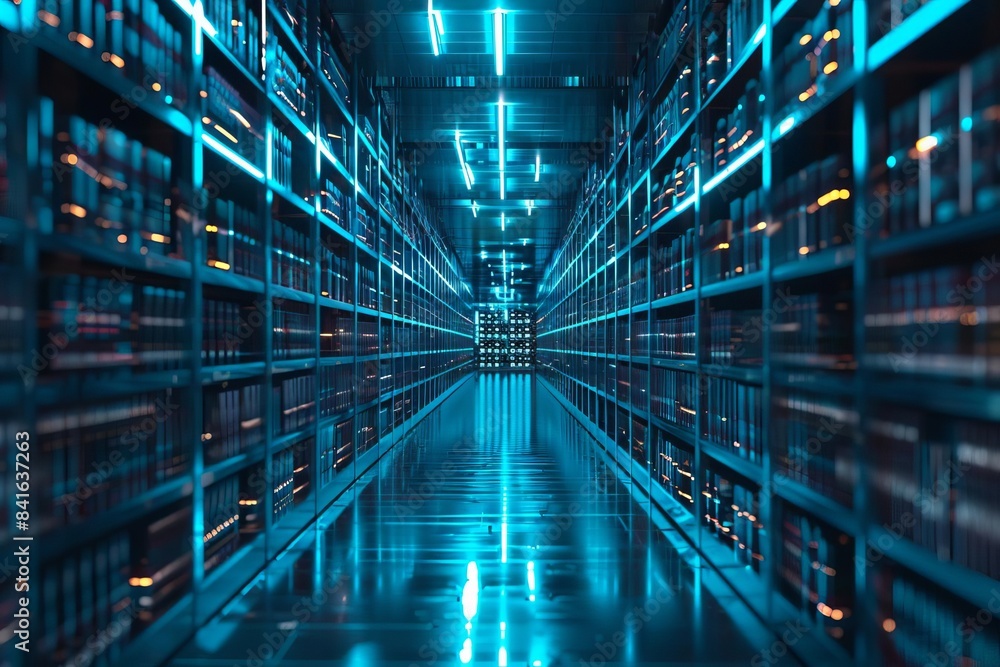 Modern data center hallway with rows servers and futuristic blue lighting, representing advanced technology and digital infrastructure. Modern data center hallway with rows servers and futuristic blue lighting, representing advanced technology and digital infrastructure.
