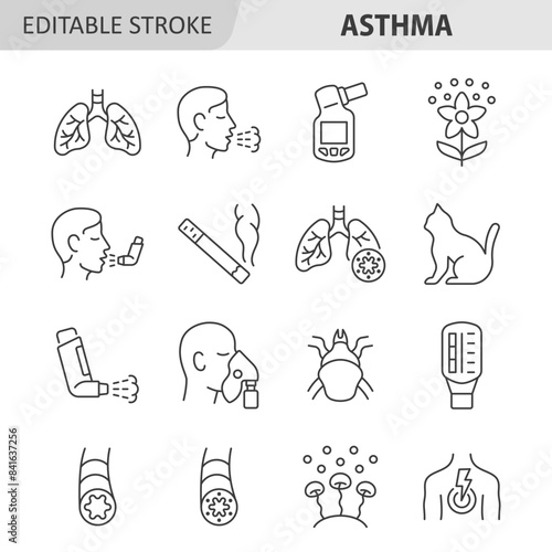 Asthma line icon set. Vector collection with lung, cough, pollen, inhaler, flow peak meter, dust mite, fungal mold.  Symptoms and causes of asthma. Editable stroke.