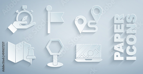 Set Road traffic sign, Route location, Folded map with push pin, City navigation, Location marker and Compass icon. Vector
