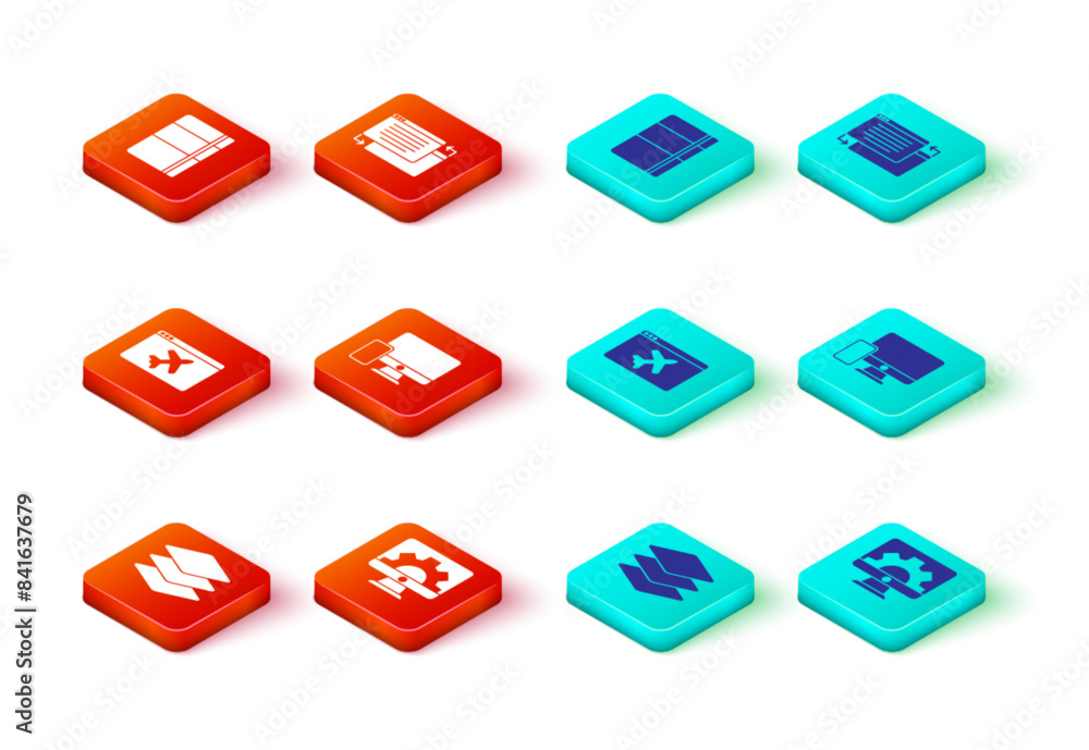 Set Layers, Web development, Website template, Monitor and mobile, UI UX design and Sketchbook album icon. Vector Set Layers, Web development, Website template, Monitor and mobile, UI UX design and Sketchbook album icon. Vector