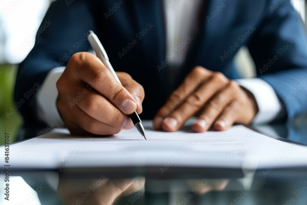 Detailed view of a male executive's hands while penning an agreement on paper Detailed view of a male executive's hands while penning an agreement on paper