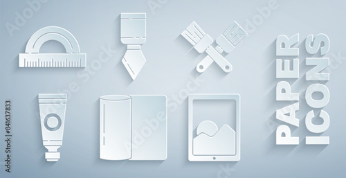 Set Paper towel roll, Crossed paint brush, Tube with palette, Graphic tablet, Palette knife and Protractor icon. Vector