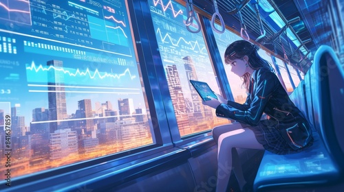 Anime girl on a train in a metropolitan city, stock market numbers, isolated on white background, perfect for stock photo use in financial contexts