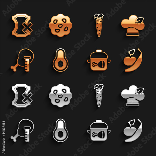 Set Avocado fruit, Vegan food diet, Apple and banana, Cooking pot chicken leg, Genetically modified, Carrot, No leather and Cookie or biscuit icon. Vector