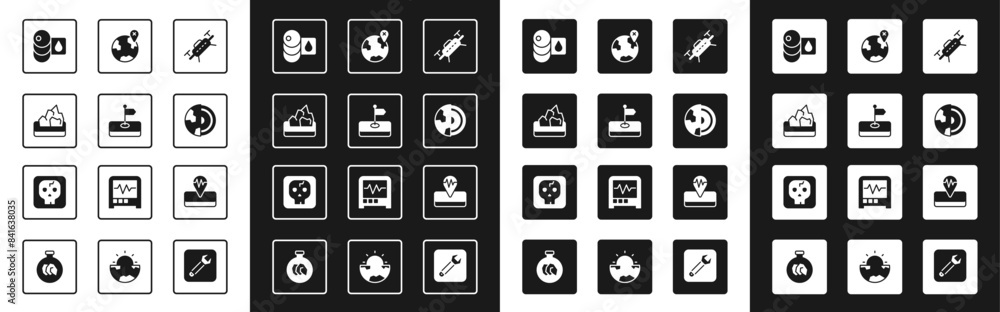 Set Drone, Flag, Ore mining, Barrel oil, Earth core structure crust, Location the globe, Earthquake and Archeology icon. Vector Set Drone, Flag, Ore mining, Barrel oil, Earth core structure crust, Location the globe, Earthquake and Archeology icon. Vector