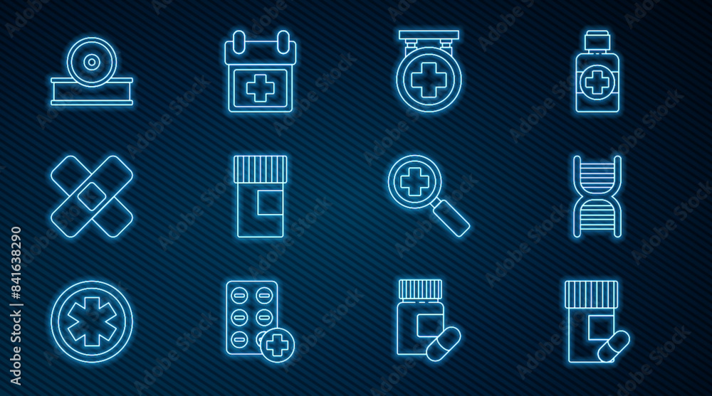 Set line Medicine bottle and pills, DNA symbol, Hospital signboard, Crossed bandage plaster, Otolaryngological head reflector, Magnifying glass for search medical and Doctor appointment icon. Vector Set line Medicine bottle and pills, DNA symbol, Hospital signboard, Crossed bandage plaster, Otolaryngological head reflector, Magnifying glass for search medical and Doctor appointment icon. Vector