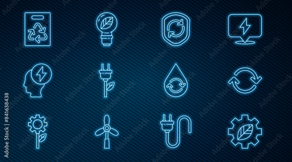 Set line Leaf plant in gear machine, Refresh, Recycle symbol inside shield, Electric saving plug leaf, Head and electric, Paper bag with recycle, clean aqua and Light bulb icon. Vector Set line Leaf plant in gear machine, Refresh, Recycle symbol inside shield, Electric saving plug leaf, Head and electric, Paper bag with recycle, clean aqua and Light bulb icon. Vector