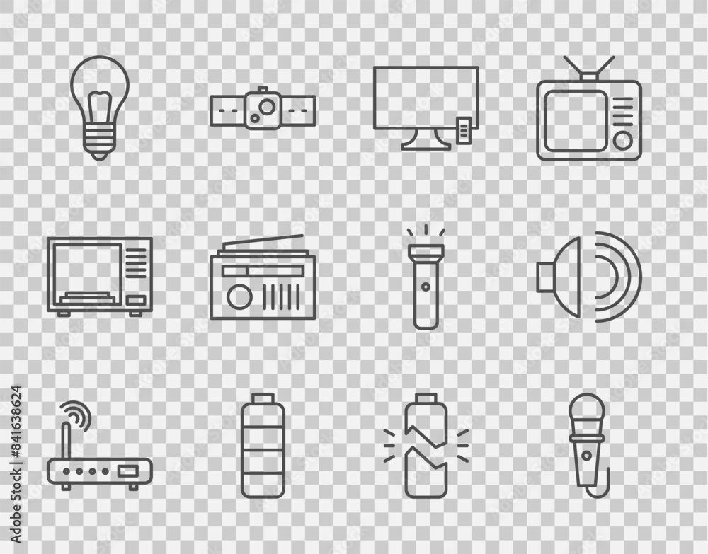 Set line Router and wi-fi signal, Microphone, Smart Tv, Battery charge level indicator, Light bulb with concept of idea, Radio antenna, Broken battery and Speaker volume icon. Vector Set line Router and wi-fi signal, Microphone, Smart Tv, Battery charge level indicator, Light bulb with concept of idea, Radio antenna, Broken battery and Speaker volume icon. Vector