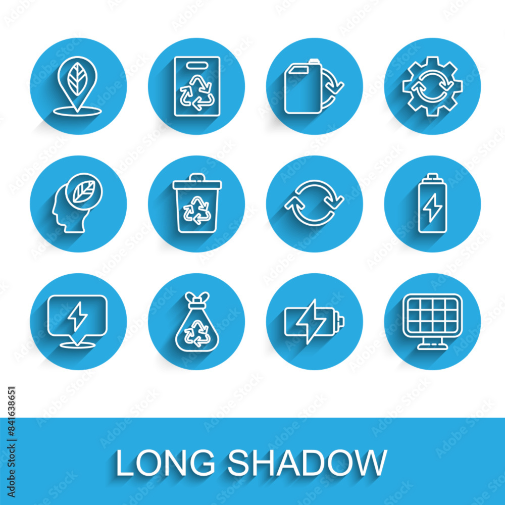 Set line Lightning bolt, Garbage bag with recycle, Location leaf, Battery, Solar energy panel, Recycle bin, and Refresh icon. Vector Set line Lightning bolt, Garbage bag with recycle, Location leaf, Battery, Solar energy panel, Recycle bin, and Refresh icon. Vector