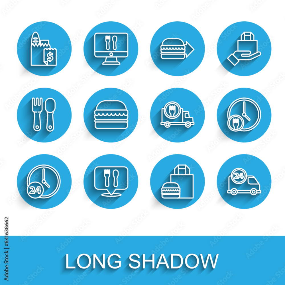 Set line Clock 24 hours, Cafe and restaurant location, Online ordering delivery, burger, Fast by car, Burger, Round the clock and icon. Vector Set line Clock 24 hours, Cafe and restaurant location, Online ordering delivery, burger, Fast by car, Burger, Round the clock and icon. Vector