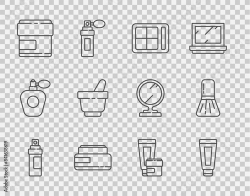 Set line Perfume, Cream or lotion cosmetic tube, Eye shadow palette, Mortar and pestle, and Makeup brush icon. Vector