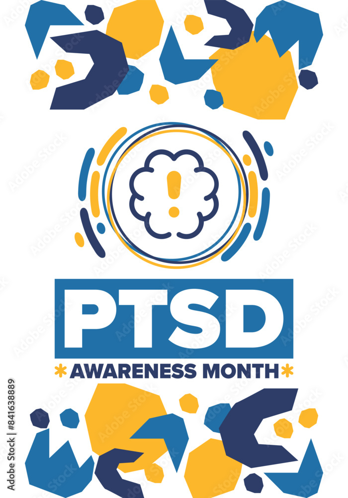 PTSD Awareness Month in June. Post Traumatic Stress Disorder. Celebrated annual in United States. Medical health care and awareness design. Poster, card, banner and background. Vector illustration PTSD Awareness Month in June. Post Traumatic Stress Disorder. Celebrated annual in United States. Medical health care and awareness design. Poster, card, banner and background. Vector illustration