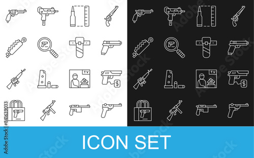Set line Mauser gun, Buying pistol, Pistol or, Bullet, search, Trap hunting, Revolver and Knife holster icon. Vector