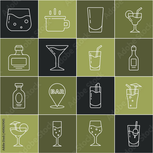 Set line Cocktail Bloody Mary, Champagne bottle, Glass with water, Martini glass, Whiskey, of whiskey and icon. Vector