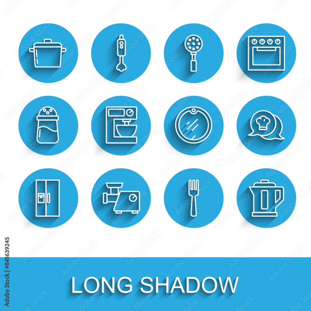 Set line Refrigerator, Kitchen meat grinder, Cooking pot, Fork, Electric kettle, mixer, Chef hat speech bubble and Cutting board icon. Vector Set line Refrigerator, Kitchen meat grinder, Cooking pot, Fork, Electric kettle, mixer, Chef hat speech bubble and Cutting board icon. Vector