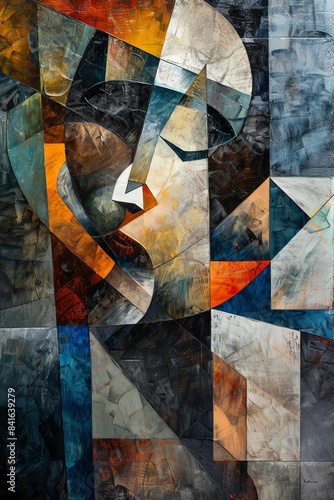 Cubist painting with fragmented shapes and multiple perspectives, challenging the viewers perception photo