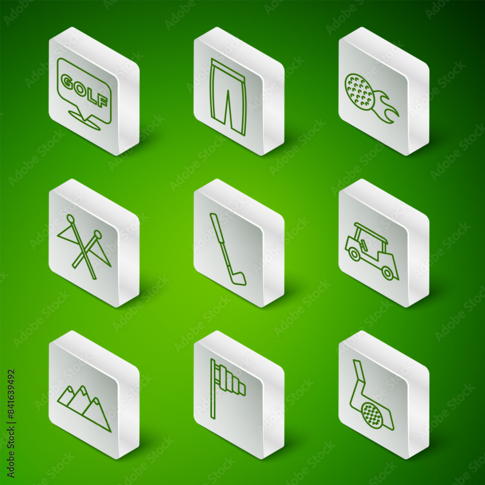 Set line Golf club with ball, flag, label, pants, Mountains and car icon. Vector Set line Golf club with ball, flag, label, pants, Mountains and car icon. Vector