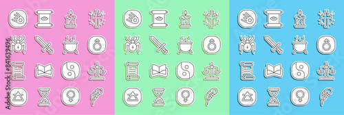 Set line Feather pen, Libra zodiac, Mars, Burning candle, Medieval sword, Spider, Comet falling down fast and Witch cauldron icon. Vector
