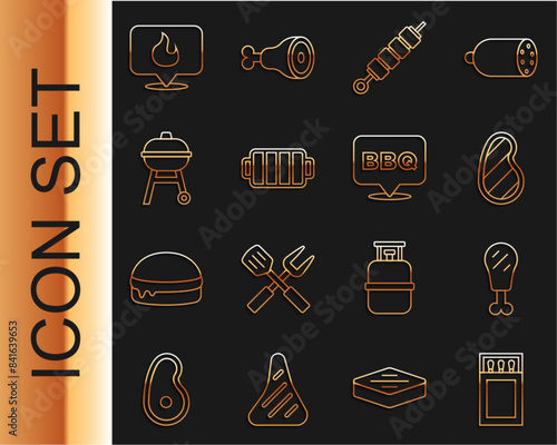 Set line Matchbox and matches, Chicken leg, Steak meat, Grilled shish kebab, Barbecue grill, Location with fire flame and icon. Vector