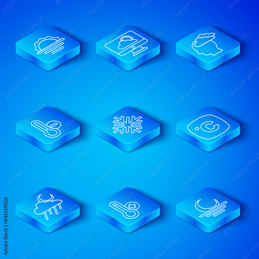 Set line Cloud with rain and moon, Snowflake, Meteorology thermometer, Celsius, Man having headache, Sunrise and Sunset icon. Vector Set line Cloud with rain and moon, Snowflake, Meteorology thermometer, Celsius, Man having headache, Sunrise and Sunset icon. Vector
