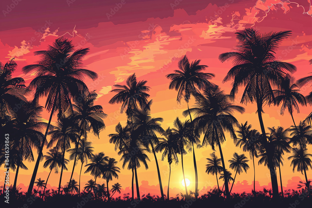 Silhouetted Palm Trees Against a Vibrant Sunset Sky, Creating a Tropical Paradise Scene Silhouetted Palm Trees Against a Vibrant Sunset Sky, Creating a Tropical Paradise Scene