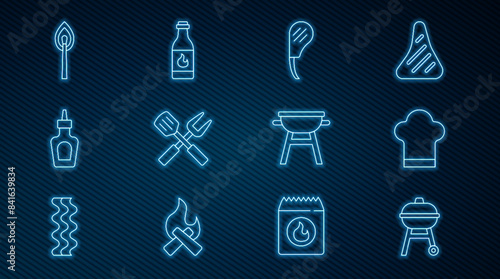 Set line Barbecue grill, Chef hat, Rib eye steak, Crossed fork and spatula, Sauce bottle, Burning match with fire, and Tabasco sauce icon. Vector