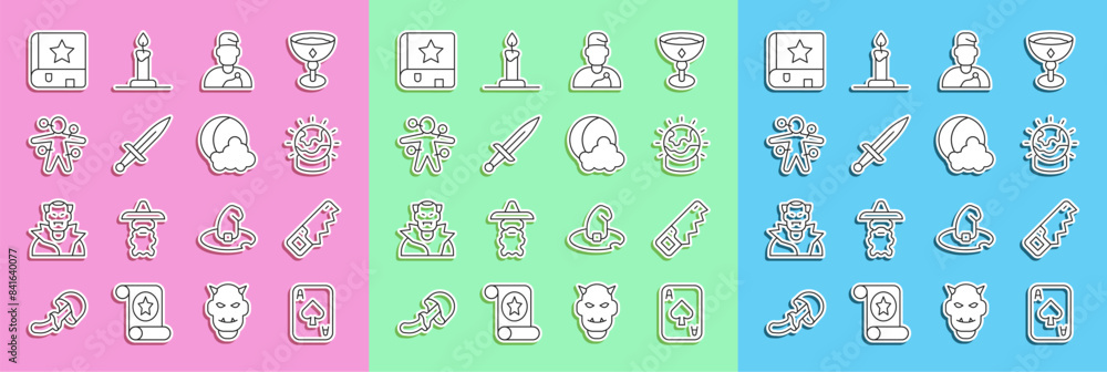 Set line Playing cards, Hand saw, Magic ball, Wizard warlock, Dagger, Voodoo doll, Ancient magic book and Moon stars icon. Vector Set line Playing cards, Hand saw, Magic ball, Wizard warlock, Dagger, Voodoo doll, Ancient magic book and Moon stars icon. Vector