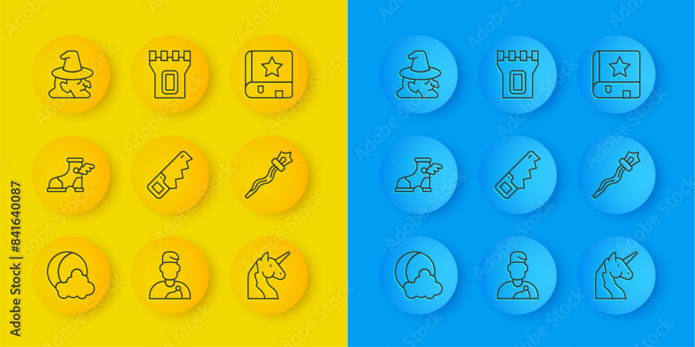 Set line Moon and stars, Hermes sandal, Hand saw, Unicorn, Magic staff, Witch, Ancient magic book and Castle tower icon. Vector Set line Moon and stars, Hermes sandal, Hand saw, Unicorn, Magic staff, Witch, Ancient magic book and Castle tower icon. Vector