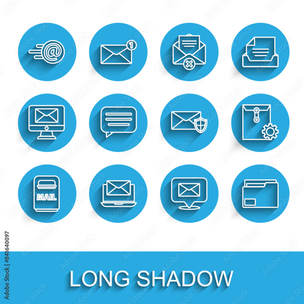 Set line Mail box, Laptop with envelope, and e-mail, Speech bubble, Document folder, chat, Envelope setting and shield icon. Vector Set line Mail box, Laptop with envelope, and e-mail, Speech bubble, Document folder, chat, Envelope setting and shield icon. Vector