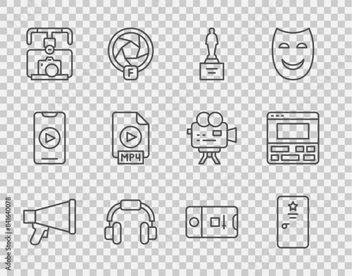 Set line Megaphone, Backstage, Movie trophy, Headphones, Gimbal stabilizer with camera, MP4 file document, Photo and video shooting and Video recorder laptop icon. Vector