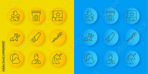 Set line Moon and stars, Hermes sandal, Hand saw, Unicorn, Magic staff, Witch, Ancient magic book and Castle tower icon. Vector