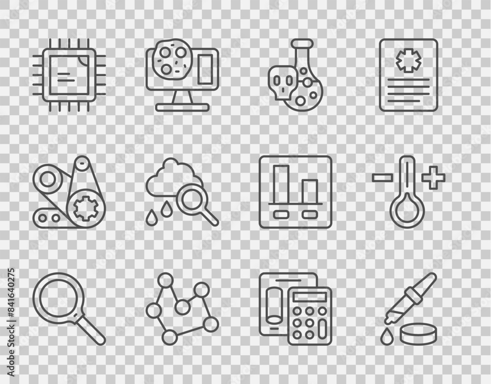 Set line Magnifying glass, Pipette, Test tube with toxic liquid, Chemical formula, Processor CPU, Cloud rain, Calculator and Thermometer icon. Vector Set line Magnifying glass, Pipette, Test tube with toxic liquid, Chemical formula, Processor CPU, Cloud rain, Calculator and Thermometer icon. Vector
