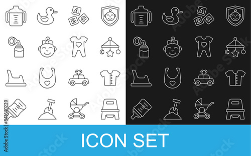 Set line Baby potty, t-shirt, crib hanging toys, ABC blocks, Little girl head, Breast pump, bottle and clothes icon. Vector
