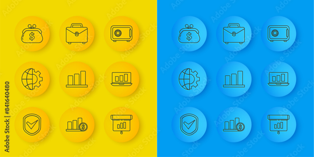 Set line Shield with check mark, Globe of the Earth and gear, Pie chart infographic, Graph, chart, diagram,, Laptop, Wallet dollar, Safe and Briefcase icon. Vector Set line Shield with check mark, Globe of the Earth and gear, Pie chart infographic, Graph, chart, diagram,, Laptop, Wallet dollar, Safe and Briefcase icon. Vector