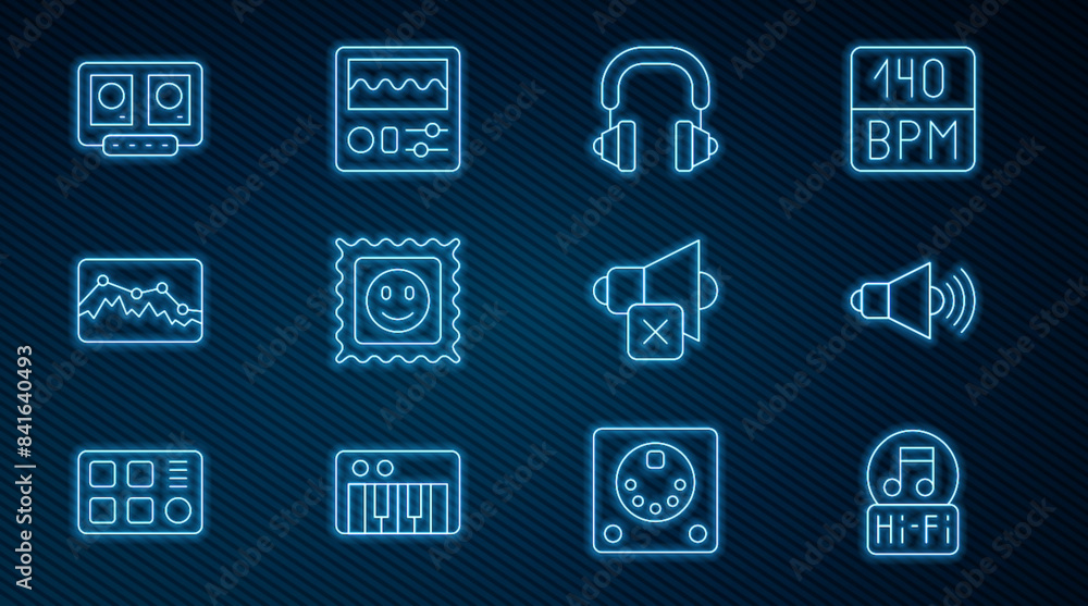 Set line Music note, tone, Speaker volume, Headphones, LSD acid mark, wave equalizer, DJ remote and mixing music, mute and Drum machine icon. Vector Set line Music note, tone, Speaker volume, Headphones, LSD acid mark, wave equalizer, DJ remote and mixing music, mute and Drum machine icon. Vector