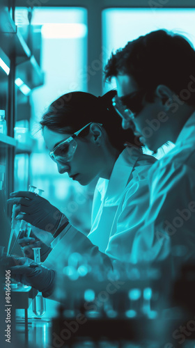 Two scientists in lab coats are working on a project