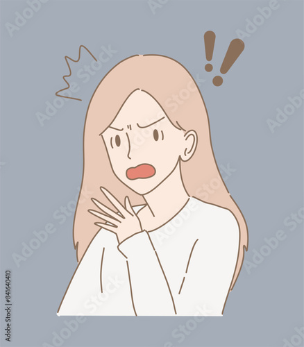 Girl showing expressions of frighten, shock, scare . Shocked woman expressing feeling, opening mouth. Exclamation mark behind. Hand drawn flat cartoon character vector illustration.