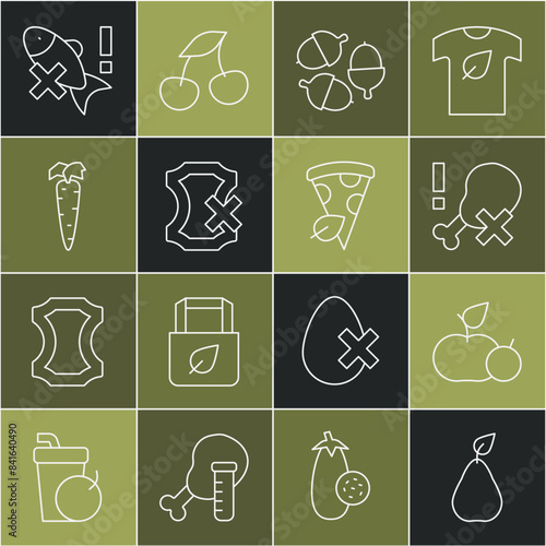 Set line Pear, Apple, No chicken leg, Acorn, leather, Carrot, fish and Vegan pizza slice icon. Vector
