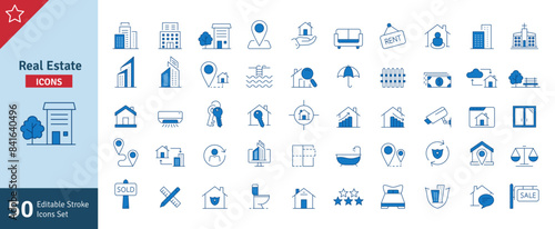 Real Estate Blue Line Editable Stroke Icons Set. Building, Plan, Location, House, Home, Property, Rent, Bed, Key, Park, Window, Agent, Mortgage, Collection. Editable stroke. Vector Illustration.
