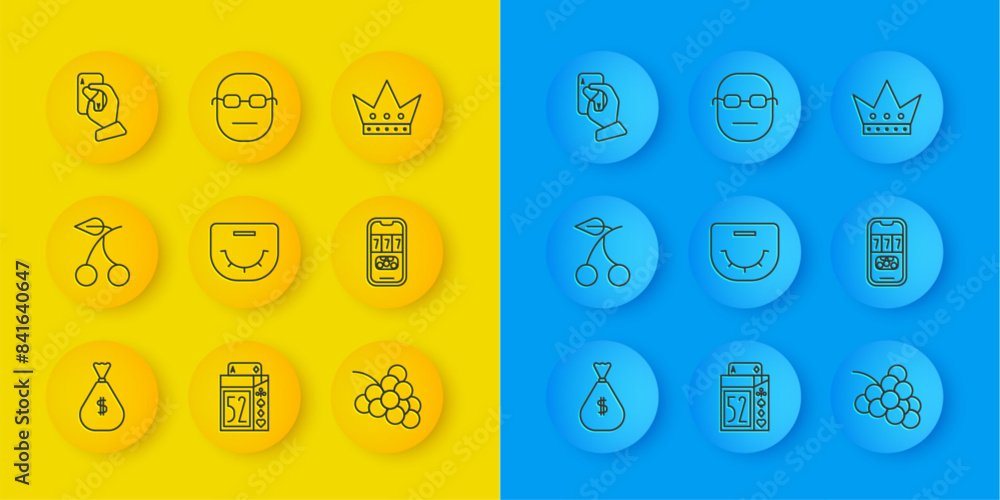 Set line Money bag, Casino slot machine with cherry, Poker table, grape, poker tournament invitation, Hand holding playing cards, King and player icon. Vector Set line Money bag, Casino slot machine with cherry, Poker table, grape, poker tournament invitation, Hand holding playing cards, King and player icon. Vector