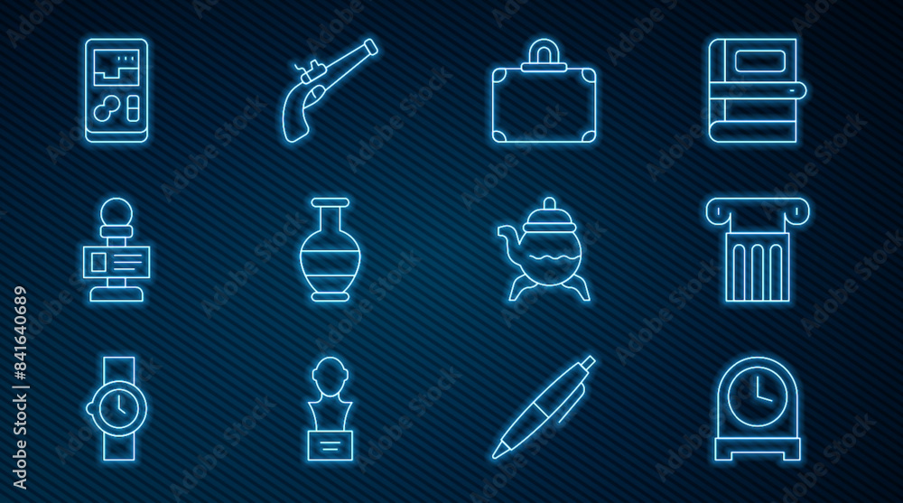 Set line Antique clock, Ancient column, Suitcase, amphorae, Microphone, Portable video game console, Classic teapot and Vintage pistol icon. Vector Set line Antique clock, Ancient column, Suitcase, amphorae, Microphone, Portable video game console, Classic teapot and Vintage pistol icon. Vector