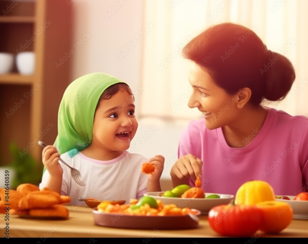 kid and mother eating healthy food on table kid and mother eating healthy food on table