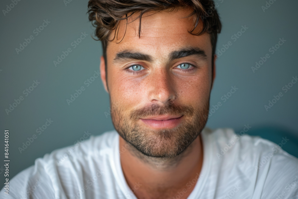 A close up portrait of a young man with a subtle smile A close up portrait of a young man with a subtle smile