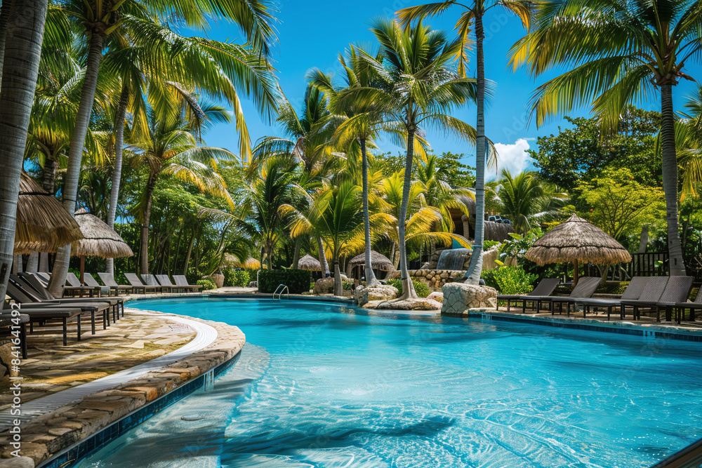 Tropical Resort Pool Surrounded by Palm Trees and Sun Loungers on a Sunny Day Tropical Resort Pool Surrounded by Palm Trees and Sun Loungers on a Sunny Day